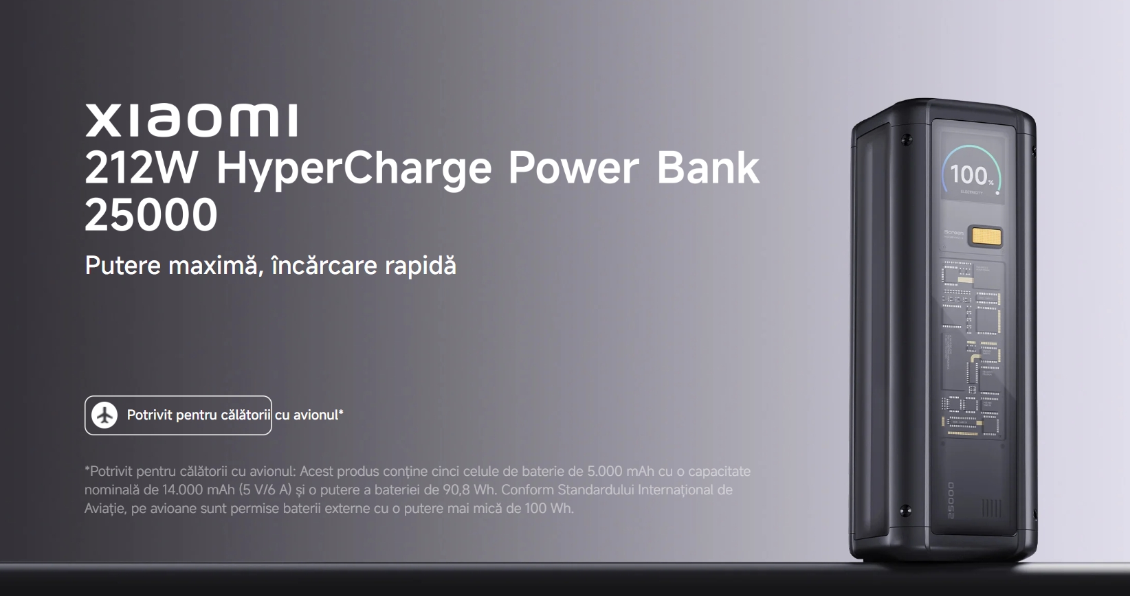 Acumulator extern Xiaomi HyperCharge, 212 W, 25000 mAh, 3x USB-C